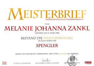 Melanie Zankl - Meisterbrief Spengler