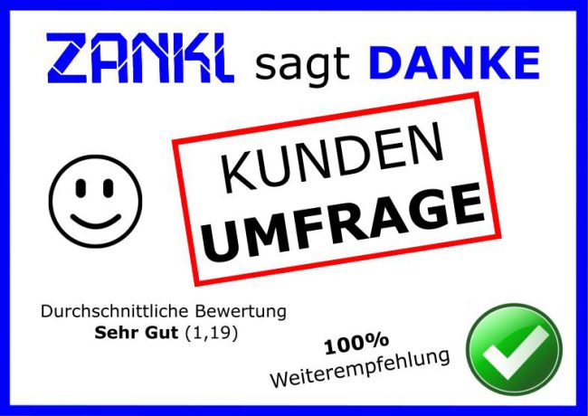 Zanklumfrage Kundeumfrage - Bewertungsergebnis Sehr Gut (1,19)